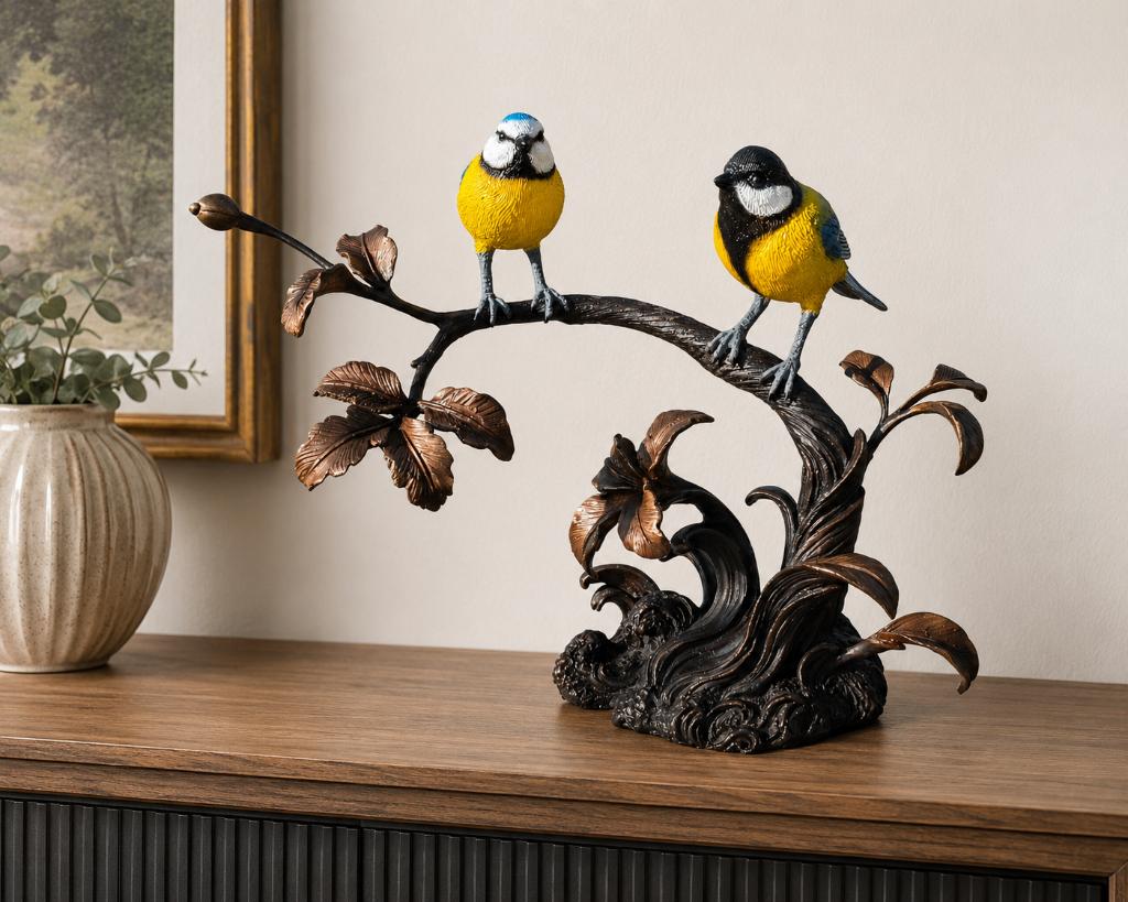 TAK MET PIMPELMEES EN KOOLMEES / Bronzen beeld, Ophalen of Verzenden, Nieuw, Vogel, Beeldje of Figuurtje