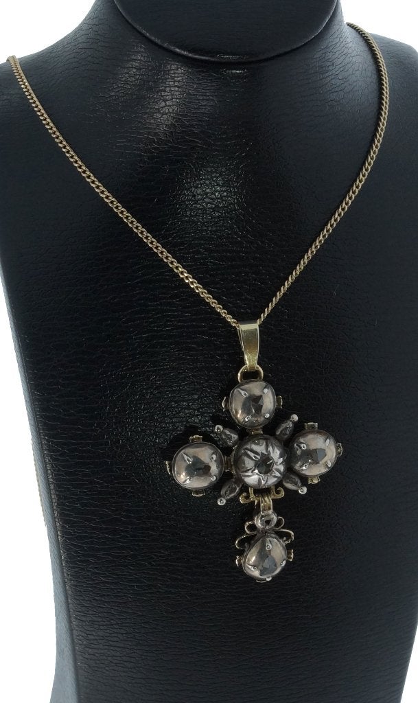 Diamanten kruis antieke grote 14k ketting hanger zilver, Ophalen of Verzenden, Goud, Hanger, Met edelsteen