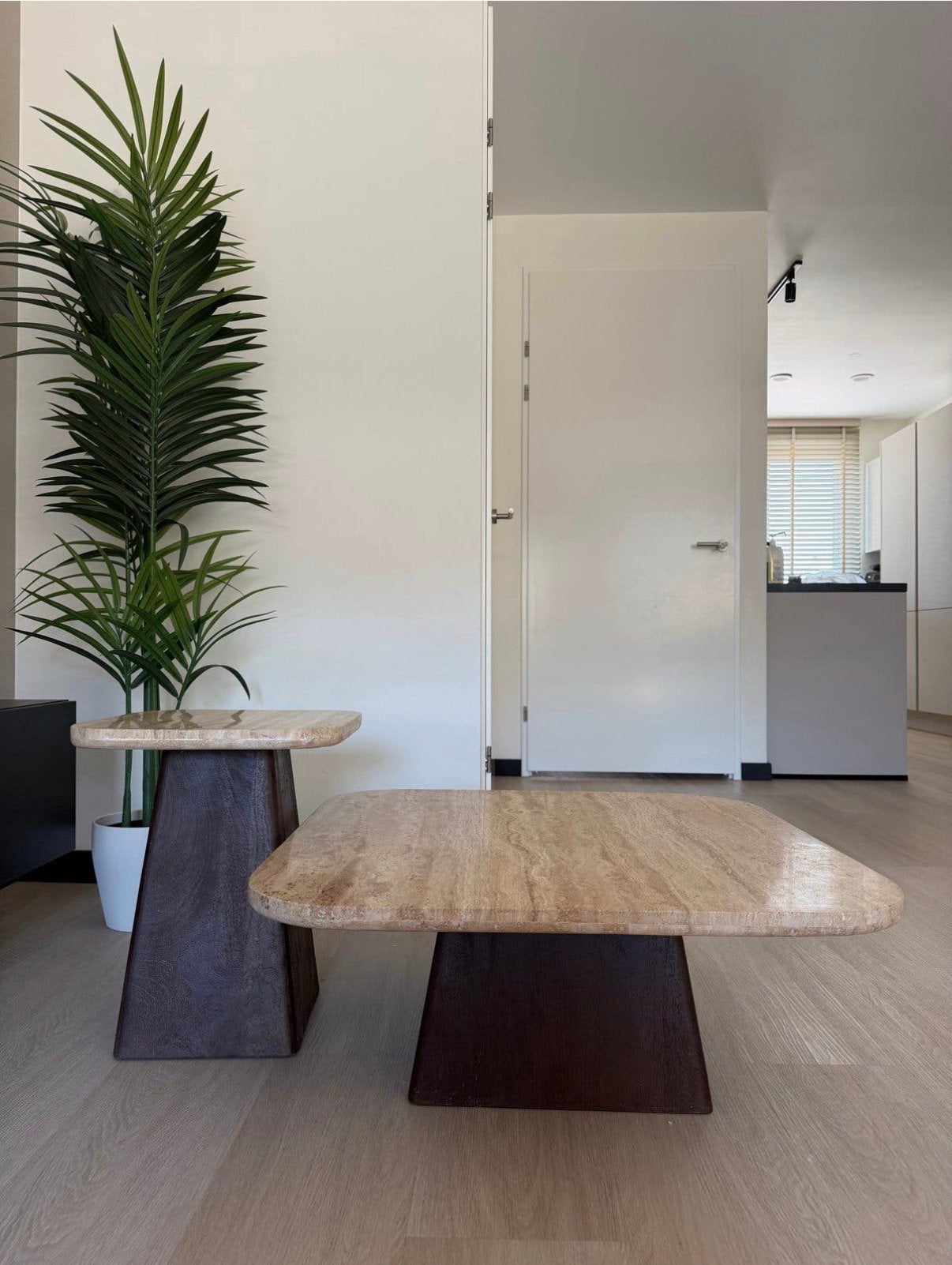 Set van 2 travertin salontafel en bijzettafel vierkant, Ophalen, Zo goed als nieuw, 50 tot 100 cm
