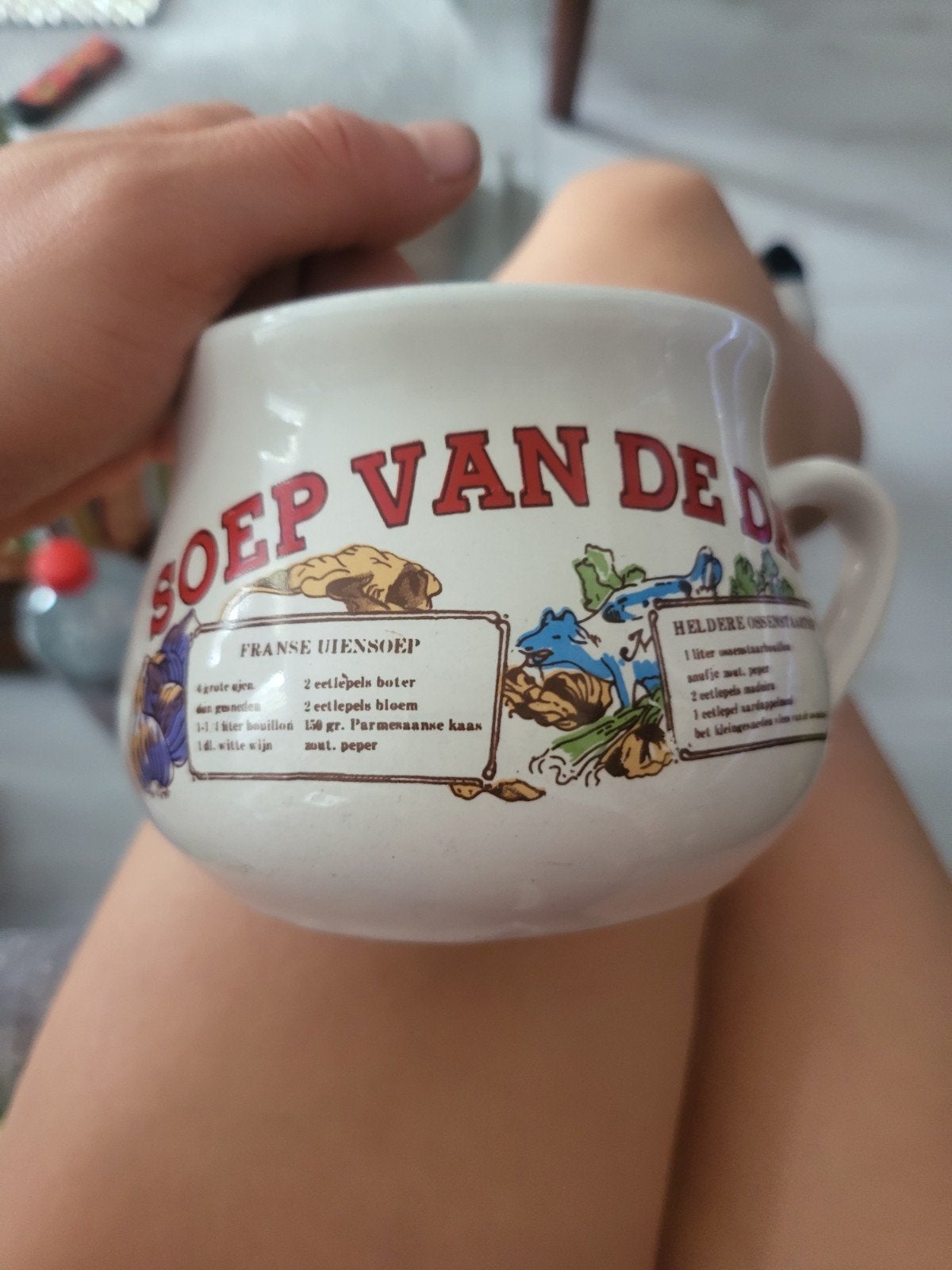 4x Vintage Soepkom met Recepten - Frans Uiensoep, Ophalen of Verzenden, Steen/keramiek, Meerkleurig, Overige typen