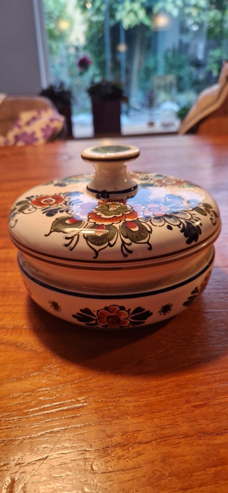 Vintage Delfts Polychroom Dekseldoosje - Flora Keramiek, Ophalen of Verzenden