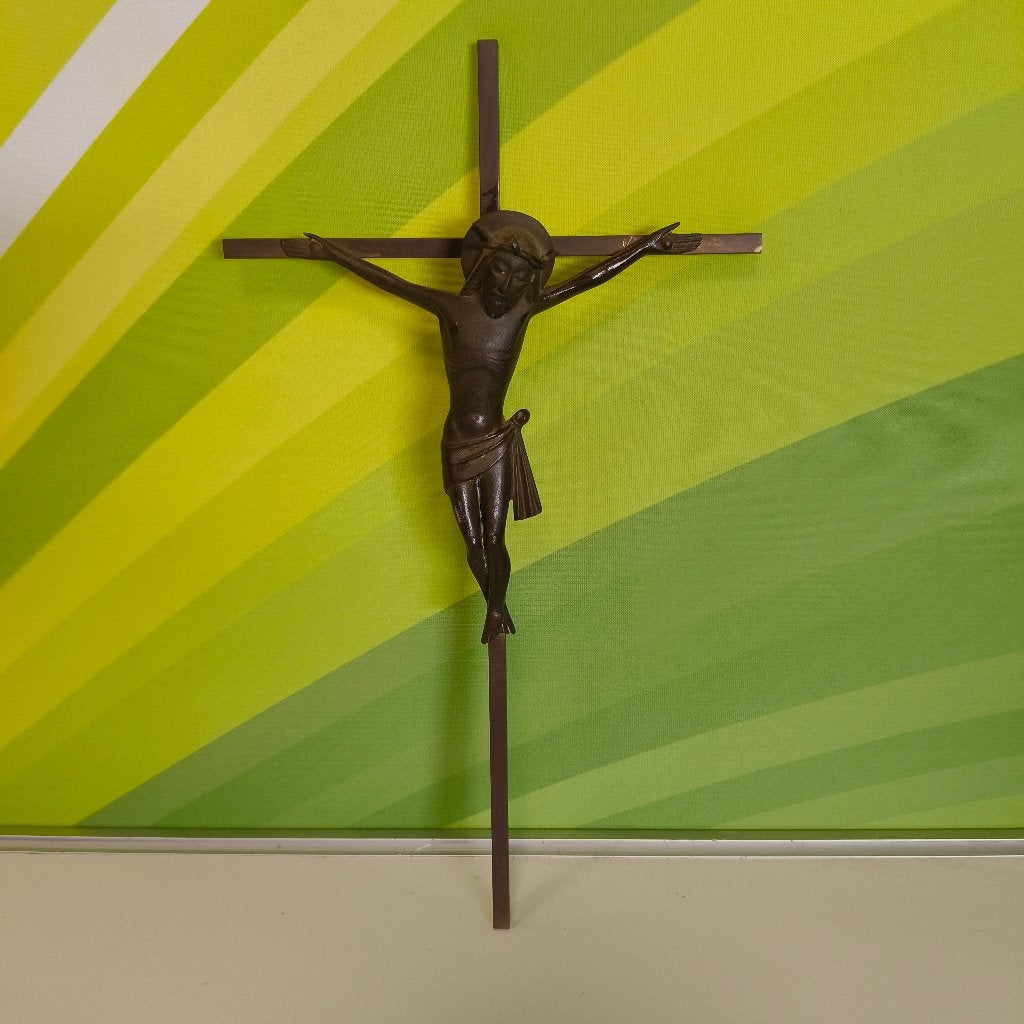 Messing Kruis met bronzen beeld (vintage), Ophalen, Gebruikt, Beeld(je), Christendom | Katholiek