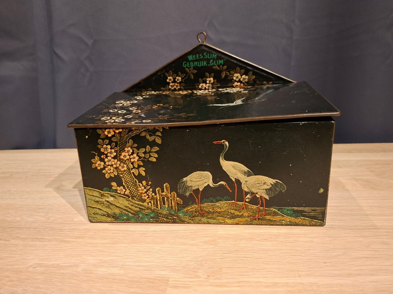 Vintage Glim blik met kraanvogel decoratie, Ophalen of Verzenden
