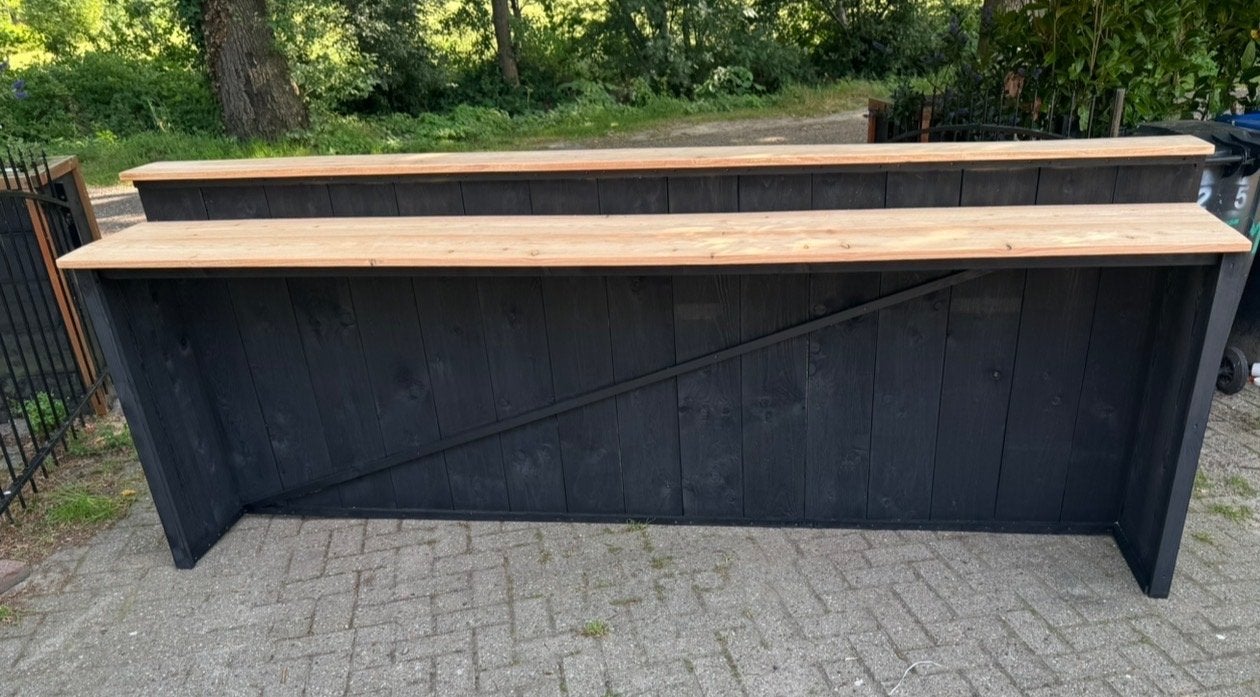 Robuuste bar van 300 cm - Zwart met houten blad, Ophalen, Zo goed als nieuw