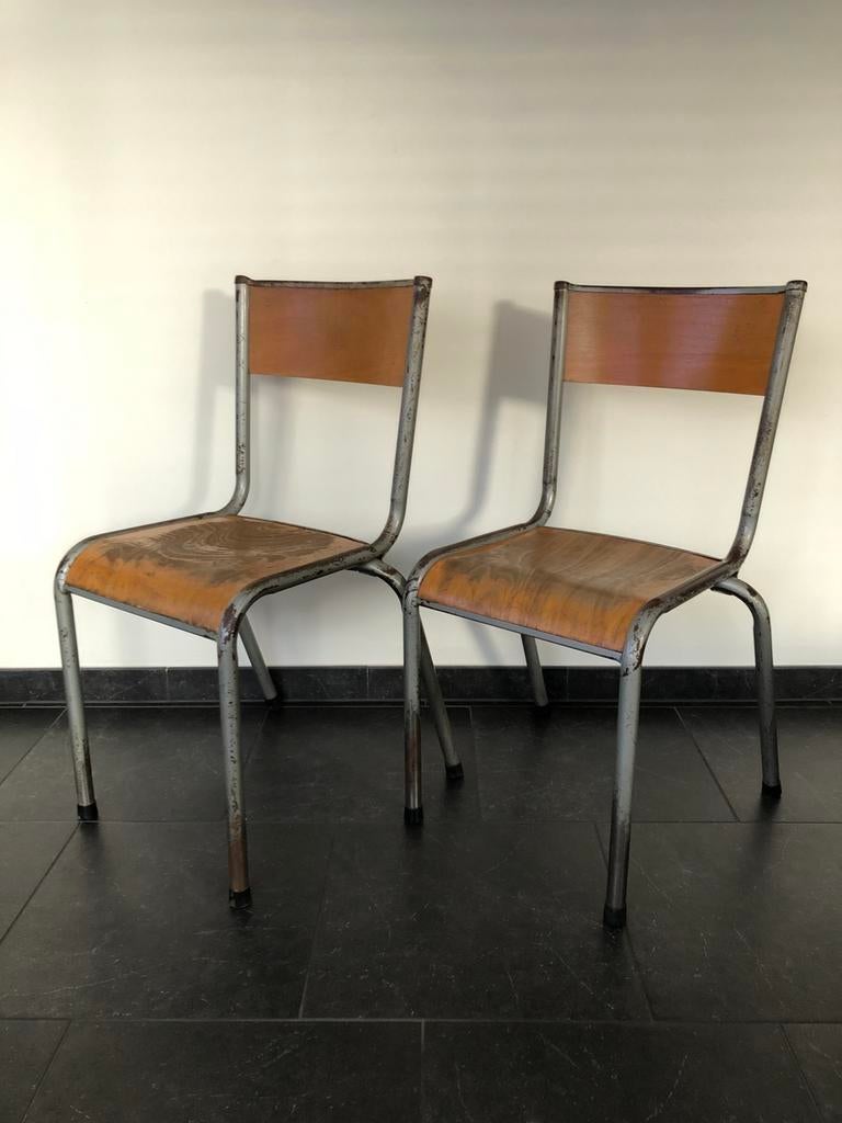 Franse schoolstoel 1947 Mulca landelijk industrieel, Ophalen, Bruin, Vijf, Zes of meer stoelen