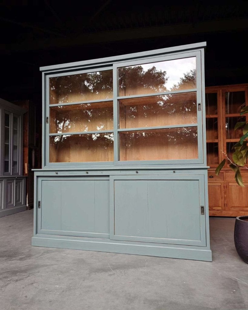 Vintage teakhouten schoolkast | Buffetkast blauw/grijs #8251, Gebruikt, -, 200 cm of meer, -