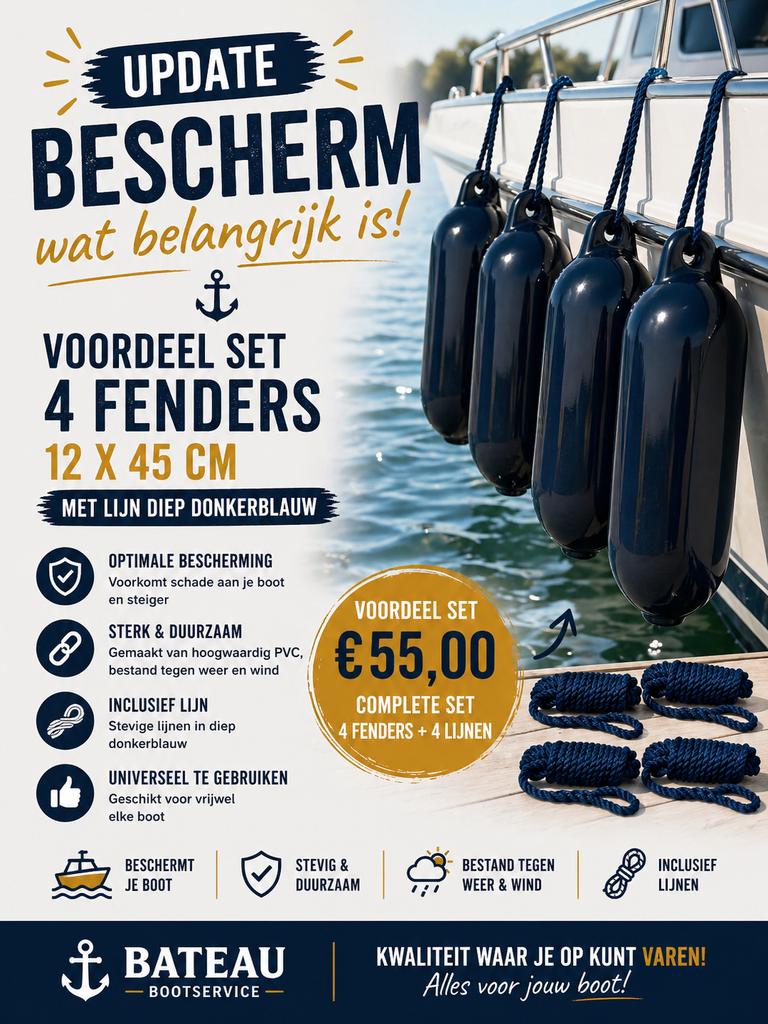 4 stootwillen fenders 12x45 met lijn, Info@bateaubootservice.nl, Bateau bootservice, Veersteeg  2, Overige typen
