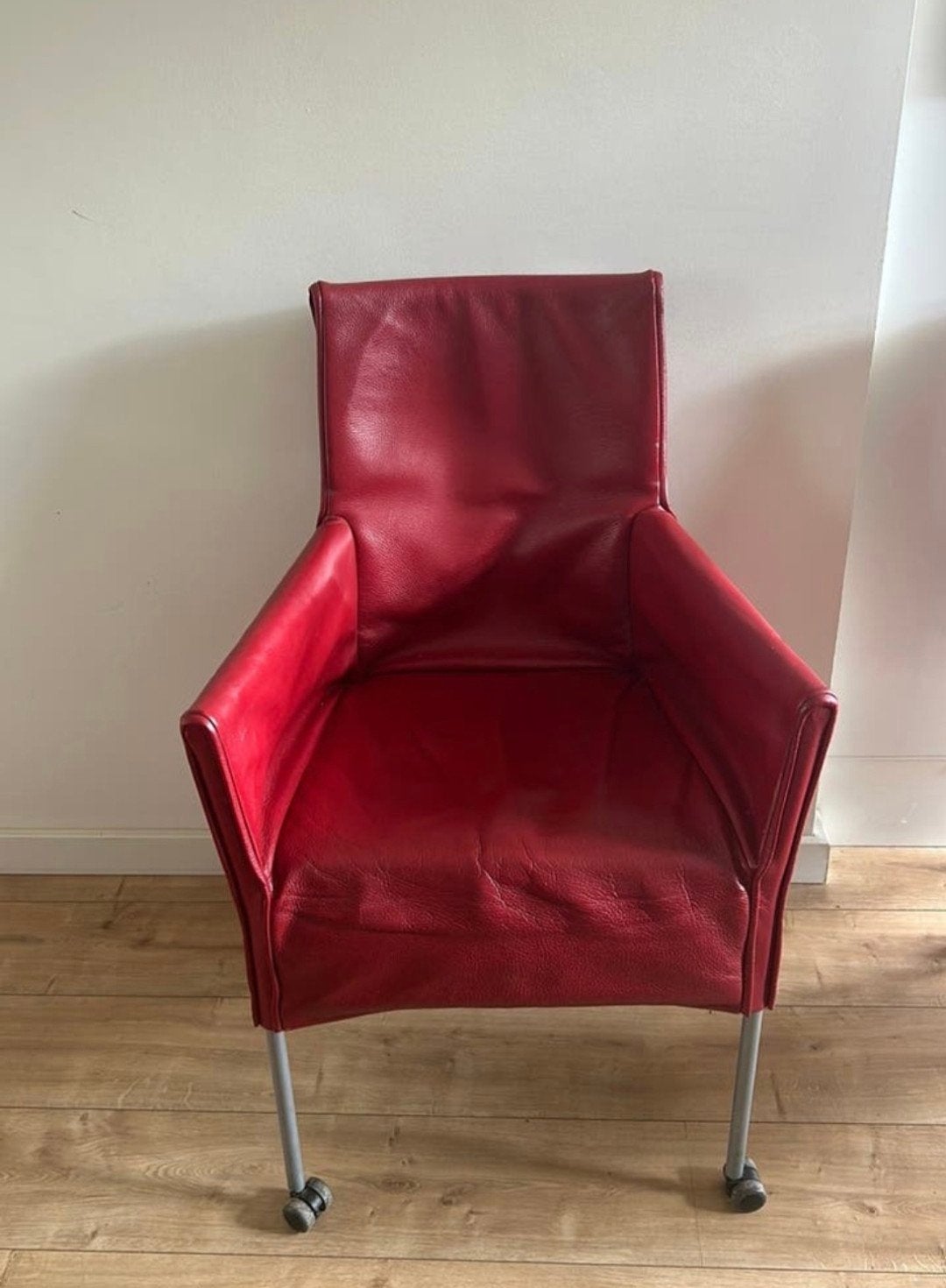 6 Rode leren eetkamerstoelen op wieltjes, Ophalen, Gebruikt, Modern, Vijf, Zes of meer stoelen