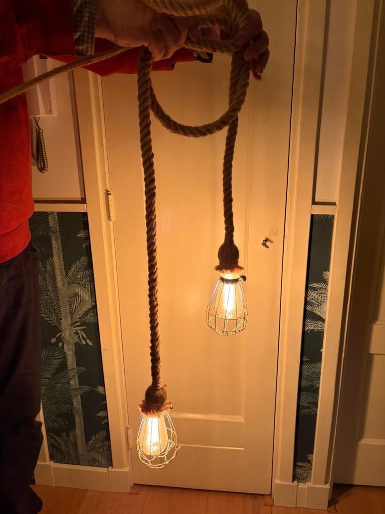 2x Hennep Touw Plafondlamp met Dimmer - Industriële Stijl, Ophalen, Gebruikt, Overige materialen, 75 cm of meer