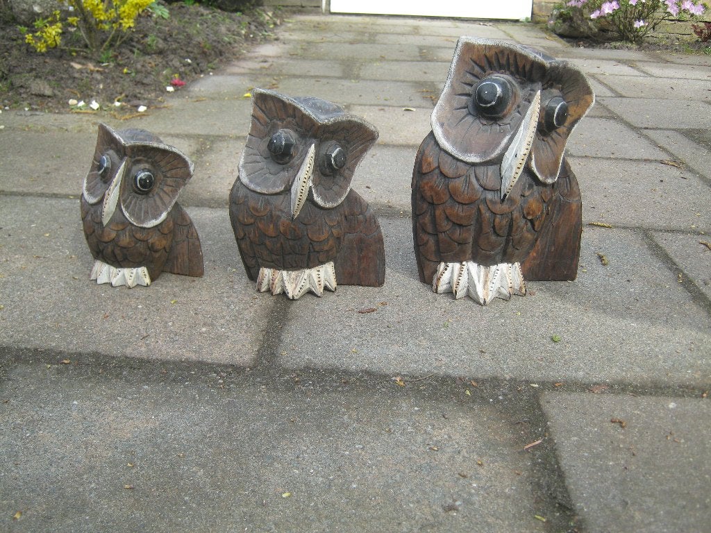 Hele mooie set van drie handgesneden houten uilen, Verzamelen, Beelden en Beeldjes, Ophalen of Verzenden, Zo goed als nieuw, Dier