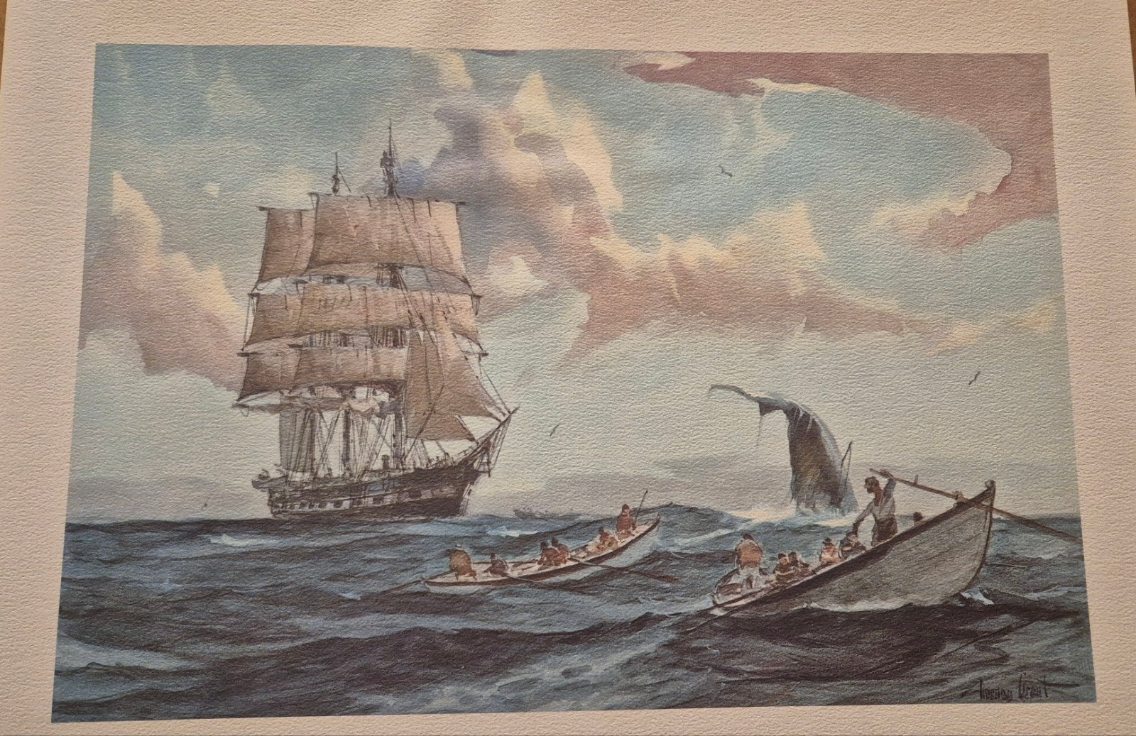 Maritiem schilderij: Walvisjacht met zeilschip, Maritiem / water, Realistisch, Ophalen of Verzenden, Aquarel