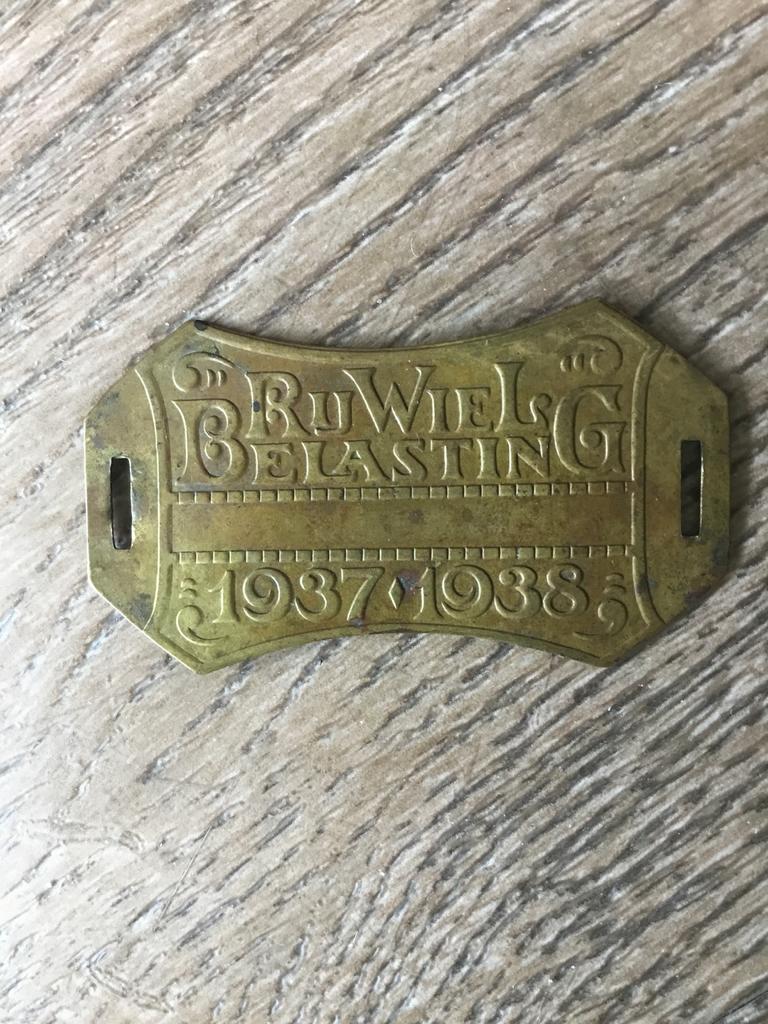 Oude fietsbelastingplaatje 1937-1938, Ophalen of Verzenden, Gebruikt