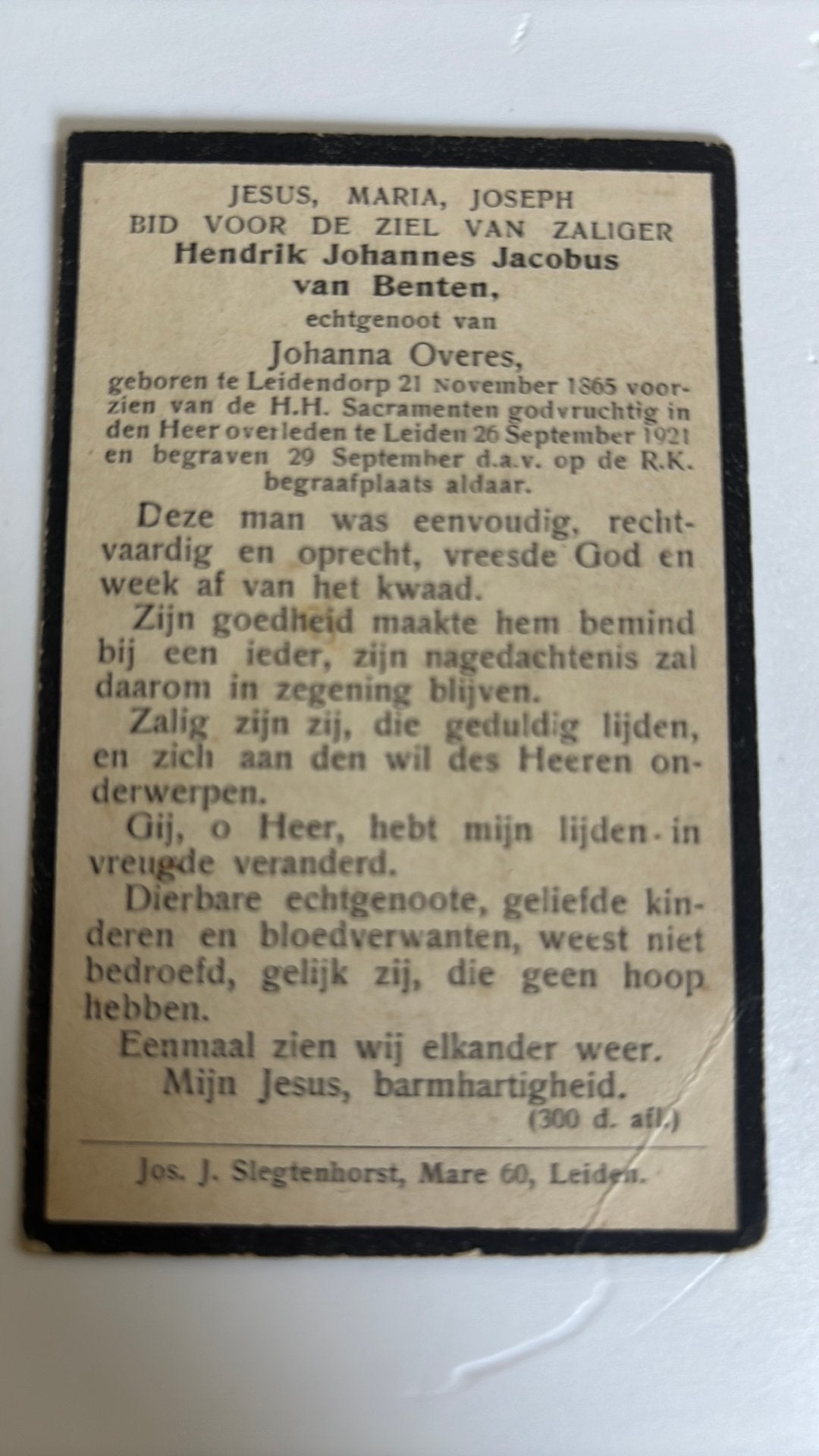 Hendrik Johannes J. v Benten 1865 Leiderdorp1921 Leiden, Ophalen of Verzenden
