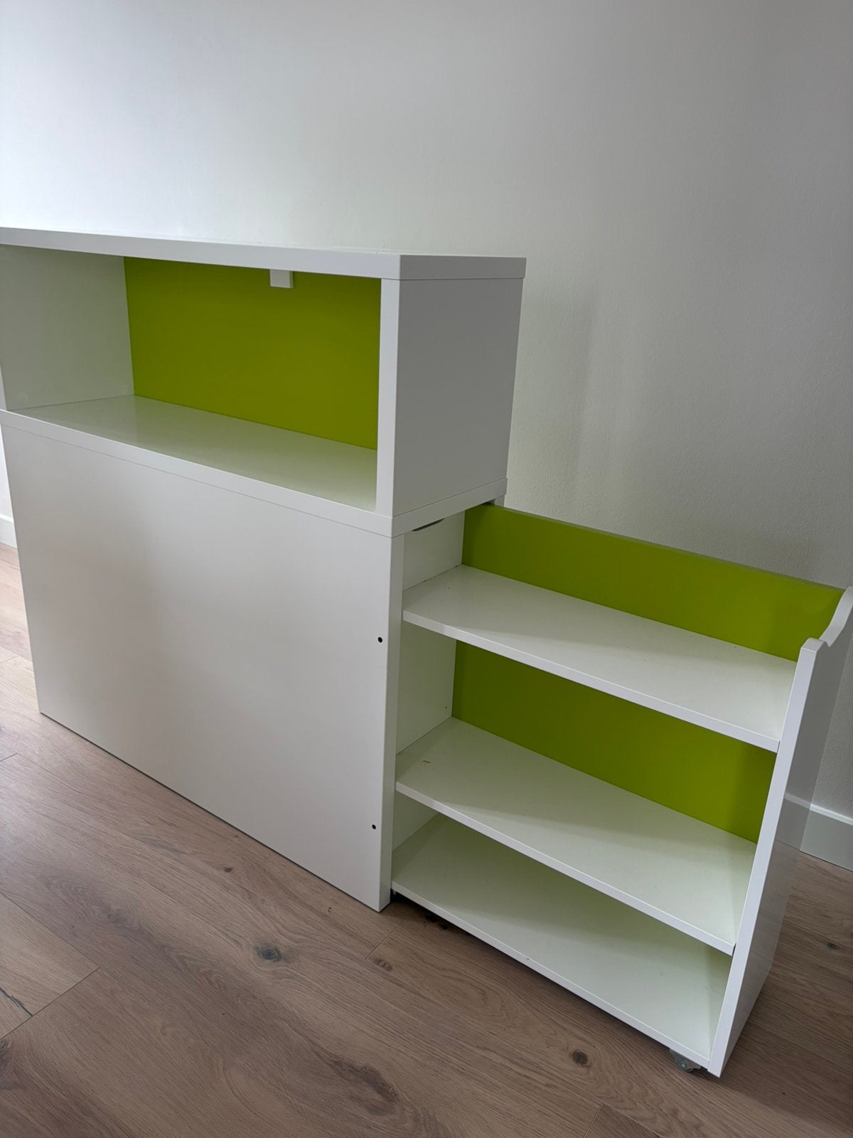 IKEA FLAXA hoofdeinde, met uitschuifbare kast wit/groen, Ophalen, Zo goed als nieuw