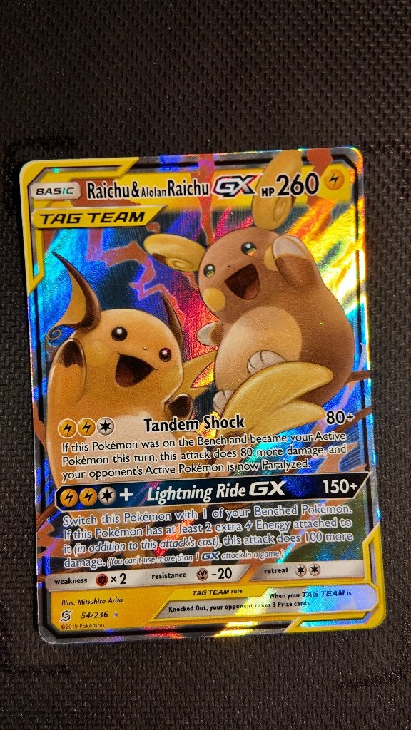 Raichu & Alolan Raichu-GX 54 Unified Minds | Pokemon kaart, Ophalen, Zo goed als nieuw, Losse kaart, Foil