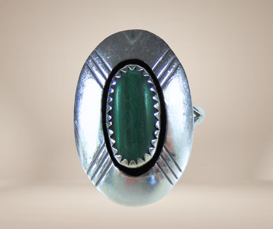 zilver NAVAJO J Patterson malachiet shadowbox ring 19,5!, Verzenden, 19 tot 20, Zo goed als nieuw, X