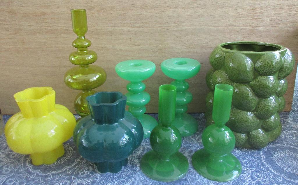 diverse nieuwe kaarsenstandaards of vazen - groen / geel, Overige kleuren, Nieuw, Ophalen of Verzenden, Glas