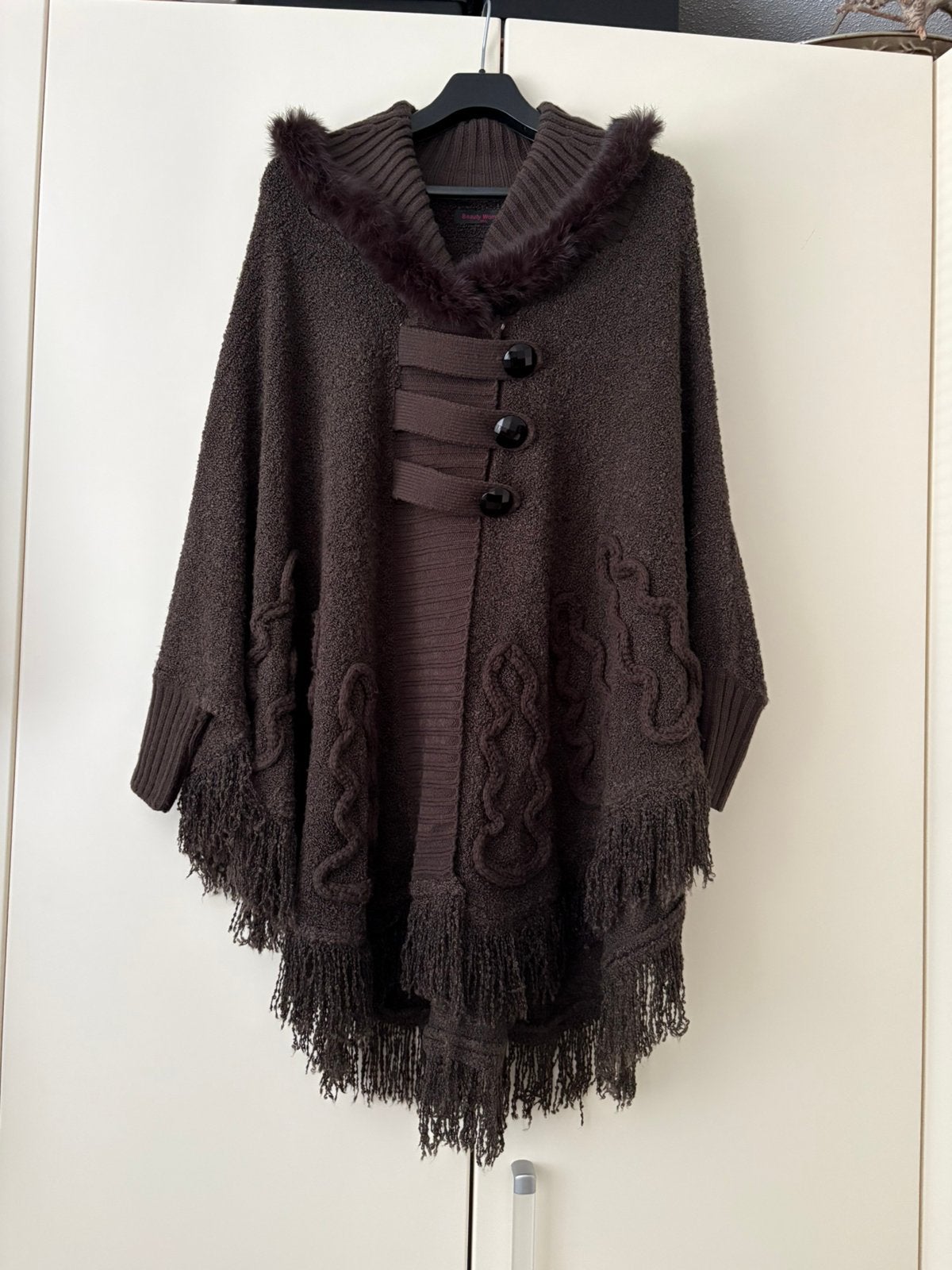 Poncho met bontkraag, Ophalen, Zo goed als nieuw, Bruin