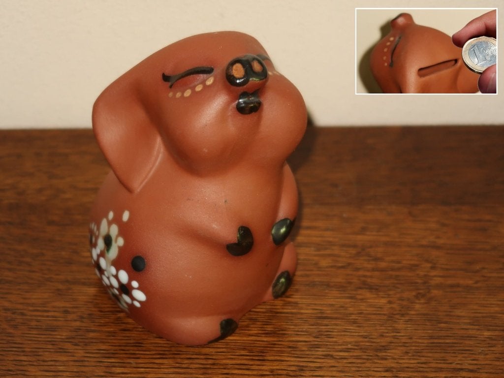 handbeschilderd terracotta spaarvarken origineel cute design, Verzenden, Zo goed als nieuw, Steen, Aardewerk of Keramiek, Dier