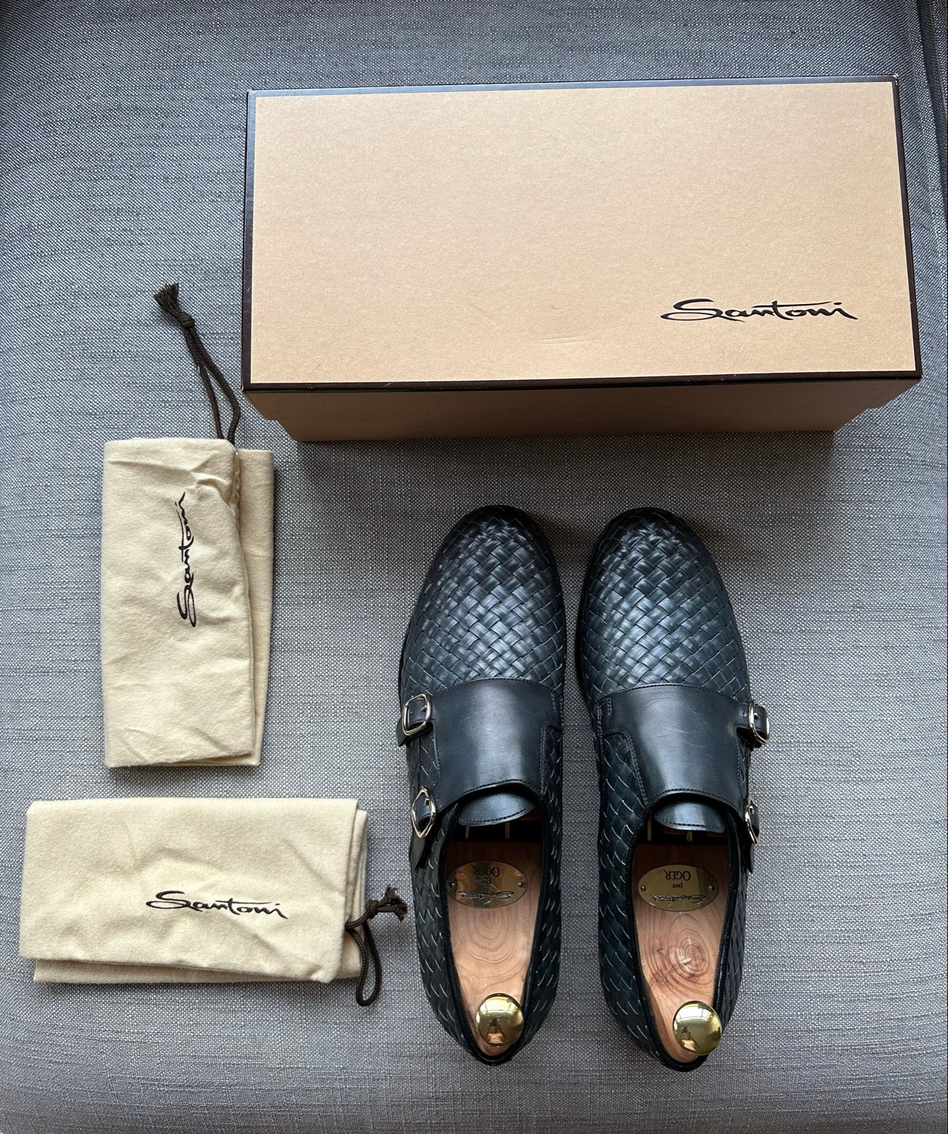Santoni Goodyear Zeeblauw Maat 8,5 met doos en dustbags, Zo goed als nieuw, Veterschoenen, Verzenden, Blauw