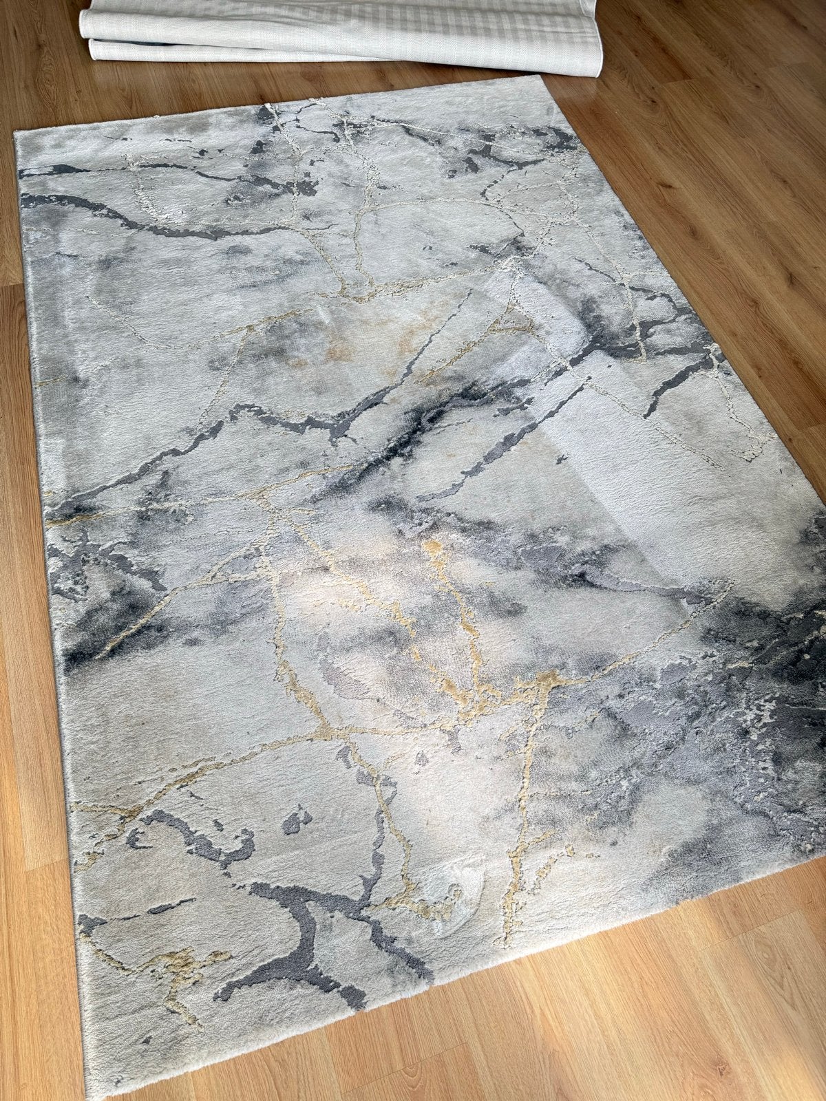 Merinos Craft Vloerkleed 160x230 cm - Grijs/Goud Marmerlook, Ophalen, 150 tot 200 cm, 200 cm of meer, Zo goed als nieuw