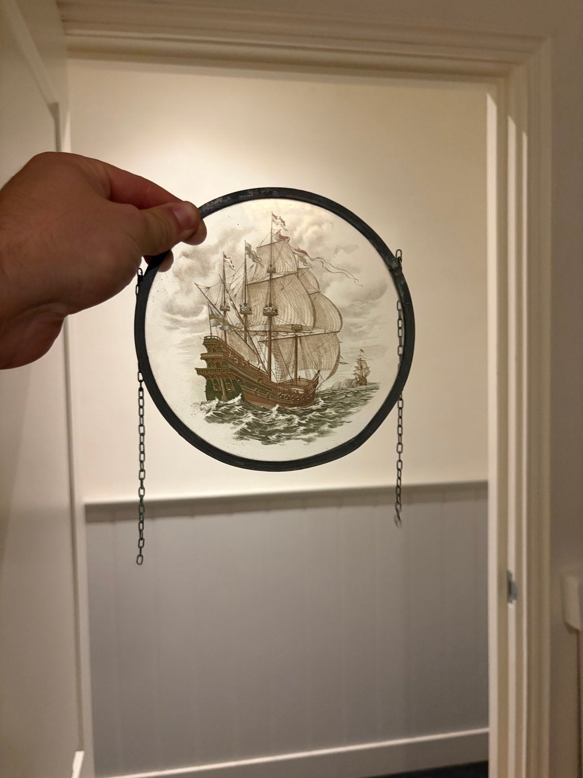Antiek glas-in-lood raamhanger met zeilschip, Antiek en Kunst, Ophalen
