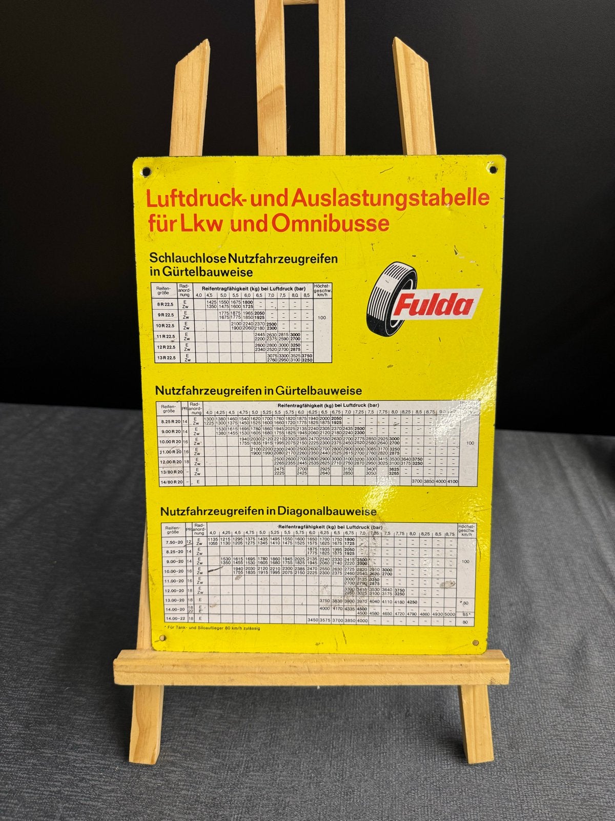 Vintage Fulda banden reclamebord - Luchtdruk tabel, Reclamebord, Gebruikt, ., Ophalen of Verzenden