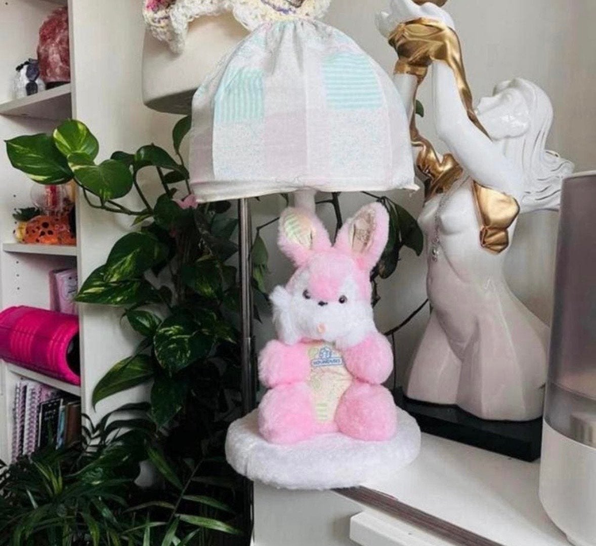 Unieke Vintage Nounours Roze Pluche Konijn Lamp E14, Met schakelaar, Overige merken, Gebruikt, Roze