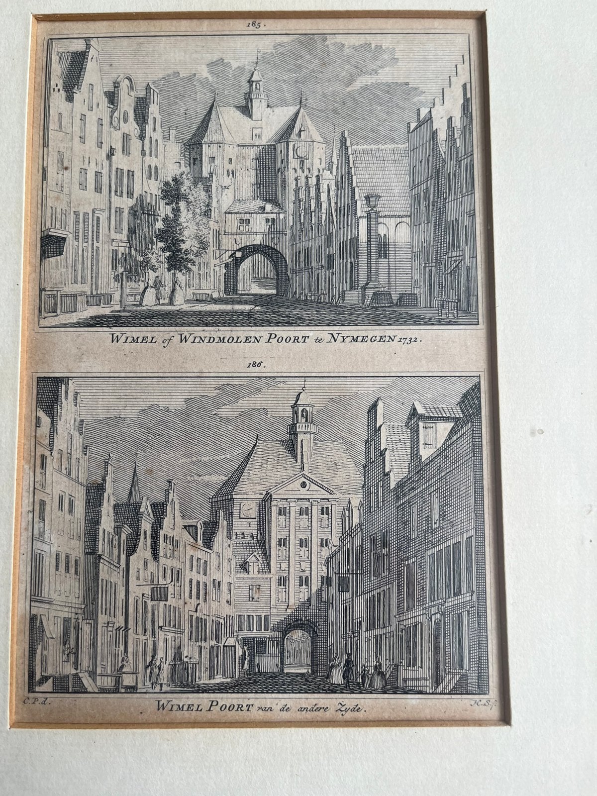 Dubbele gravure Nijmegen Wimelpoort, Antiek en Kunst, Kunst | Etsen en Gravures, 28 cm, Stadsgezicht, 22 cm, Ophalen of Verzenden