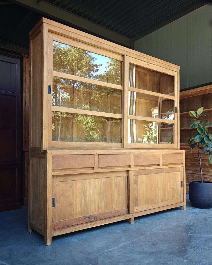 Teakhouten schoolkast | Strakke teak vitrinekast #7217, Huis en Inrichting, Gebruikt, -, 200 cm of meer, -