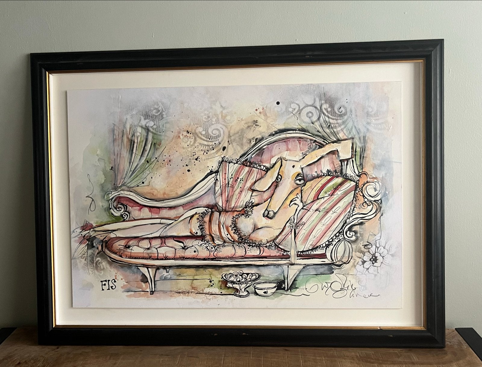 Fis - Guy Olivier - Hond op chaise longue, Antiek en Kunst, Ophalen, Overige stijlen, Dieren, Gesigneerd