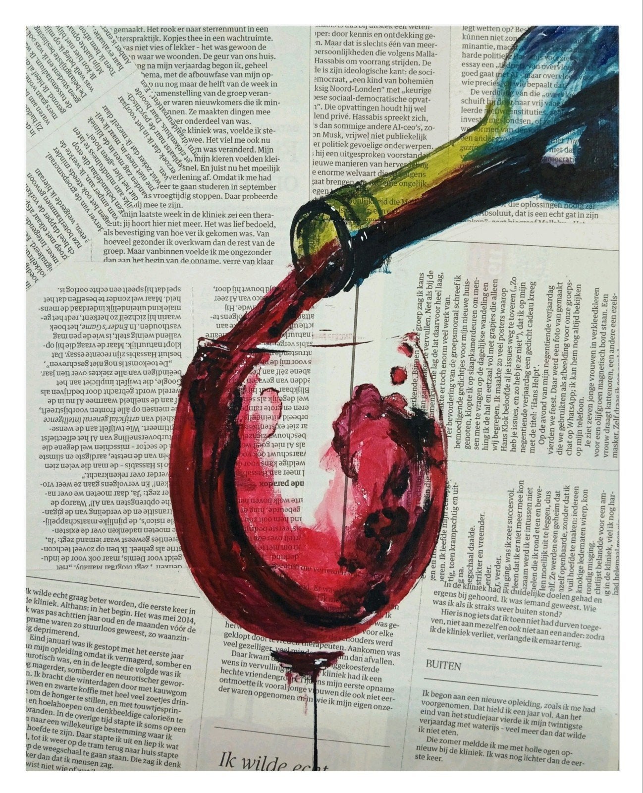 Origineel Handgeschilderd Kunstwerk "Wine & News", Antiek en Kunst, Ophalen of Verzenden, Gesigneerd, Acrylverf, Stilleven
