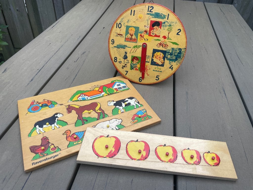 Houten puzzels en klok (Vintage speelgoed 70’s), Ophalen of Verzenden, Gebruikt, Overige typen