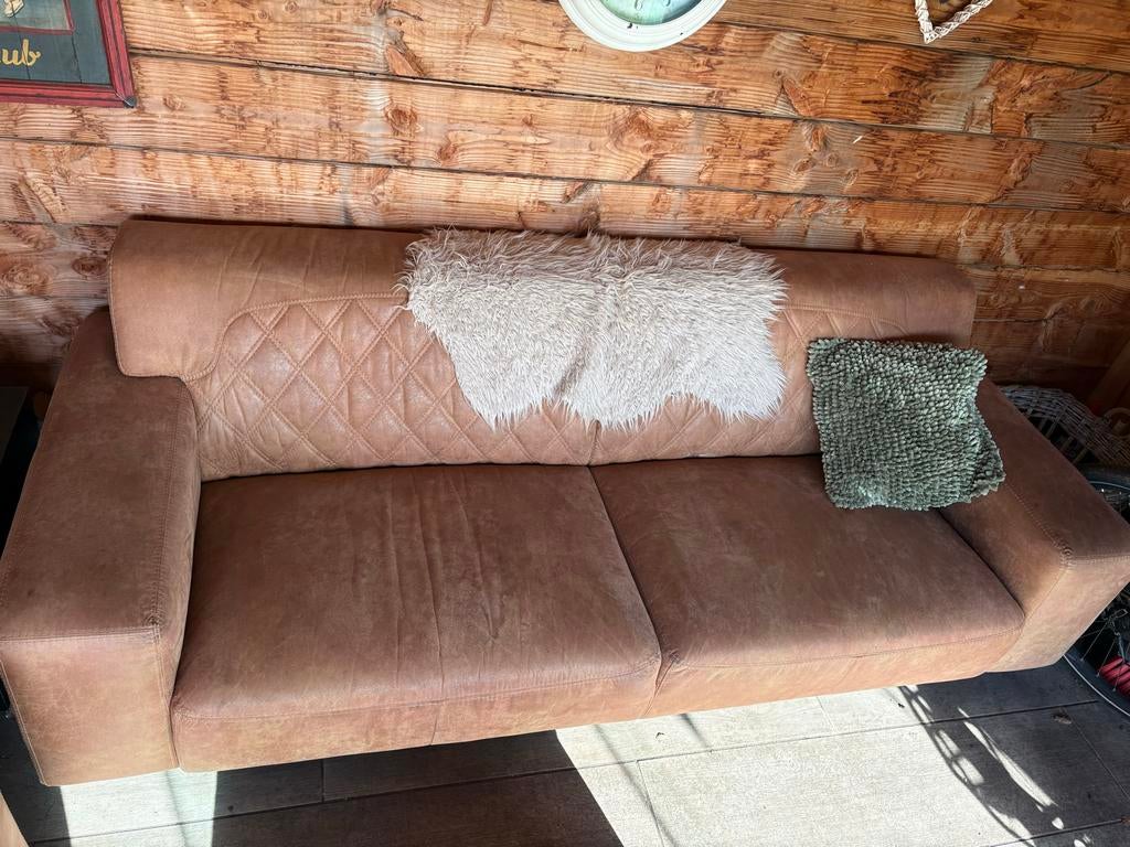 Comfortabele 2,5 / 2-zitsbank in bruin leer, Gebruikt, 150 tot 200 cm, Tweepersoons, Ophalen of Verzenden