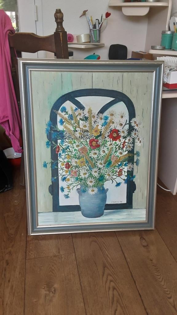 Schilderij met bloemen en mooie lijst, lichte beschadiging, Antiek en Kunst, Ophalen of Verzenden