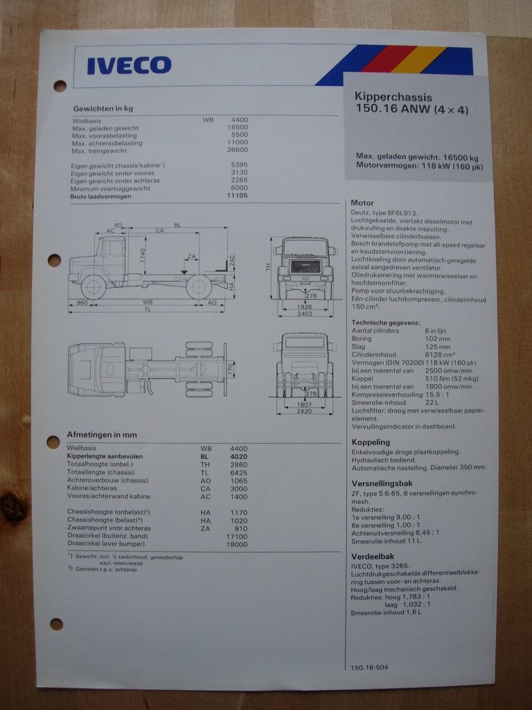 Iveco 150.16 ANW 4x4 Torpedo Specificatie Brochure 1985, Iveco, Ophalen of Verzenden, Zo goed als nieuw, Overige merken