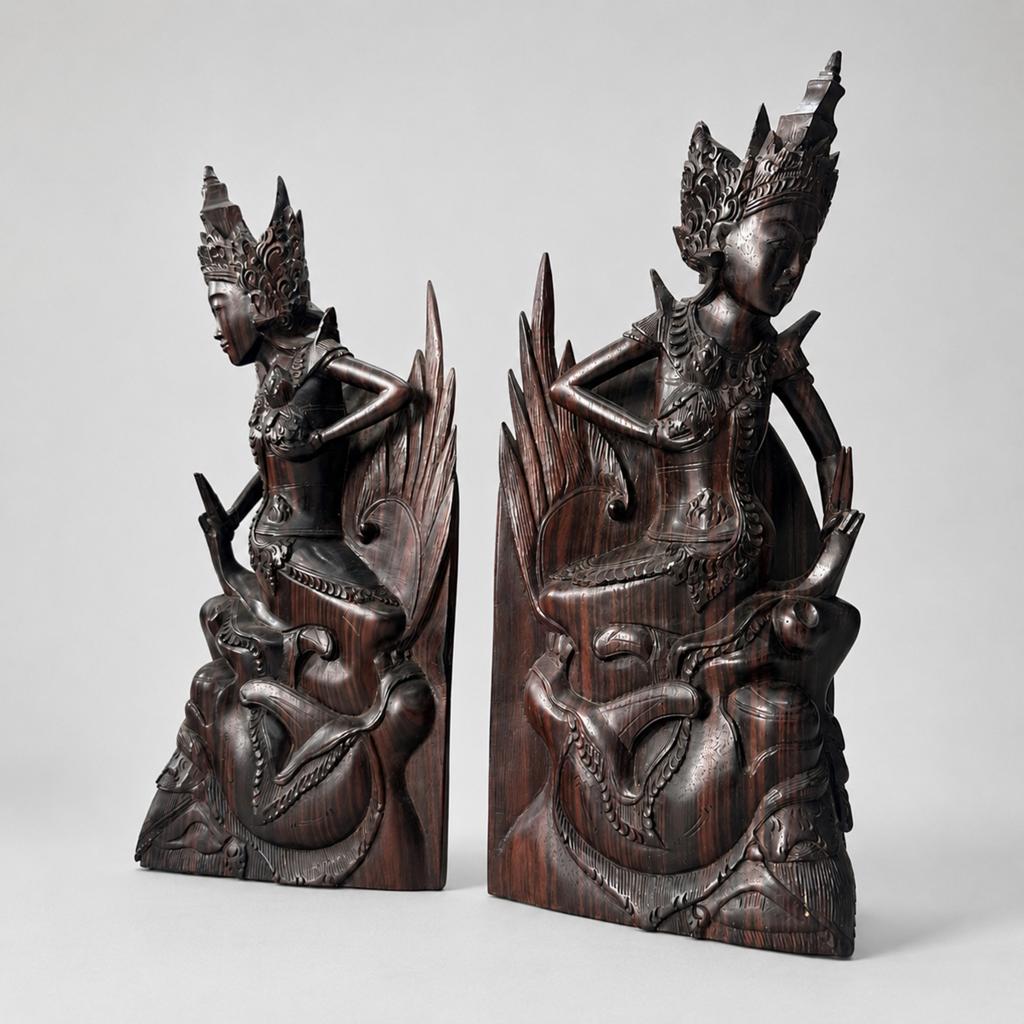Balinese handgesneden rosewood boekensteunen ca. 1950–1970, Ophalen of Verzenden, Zo goed als nieuw