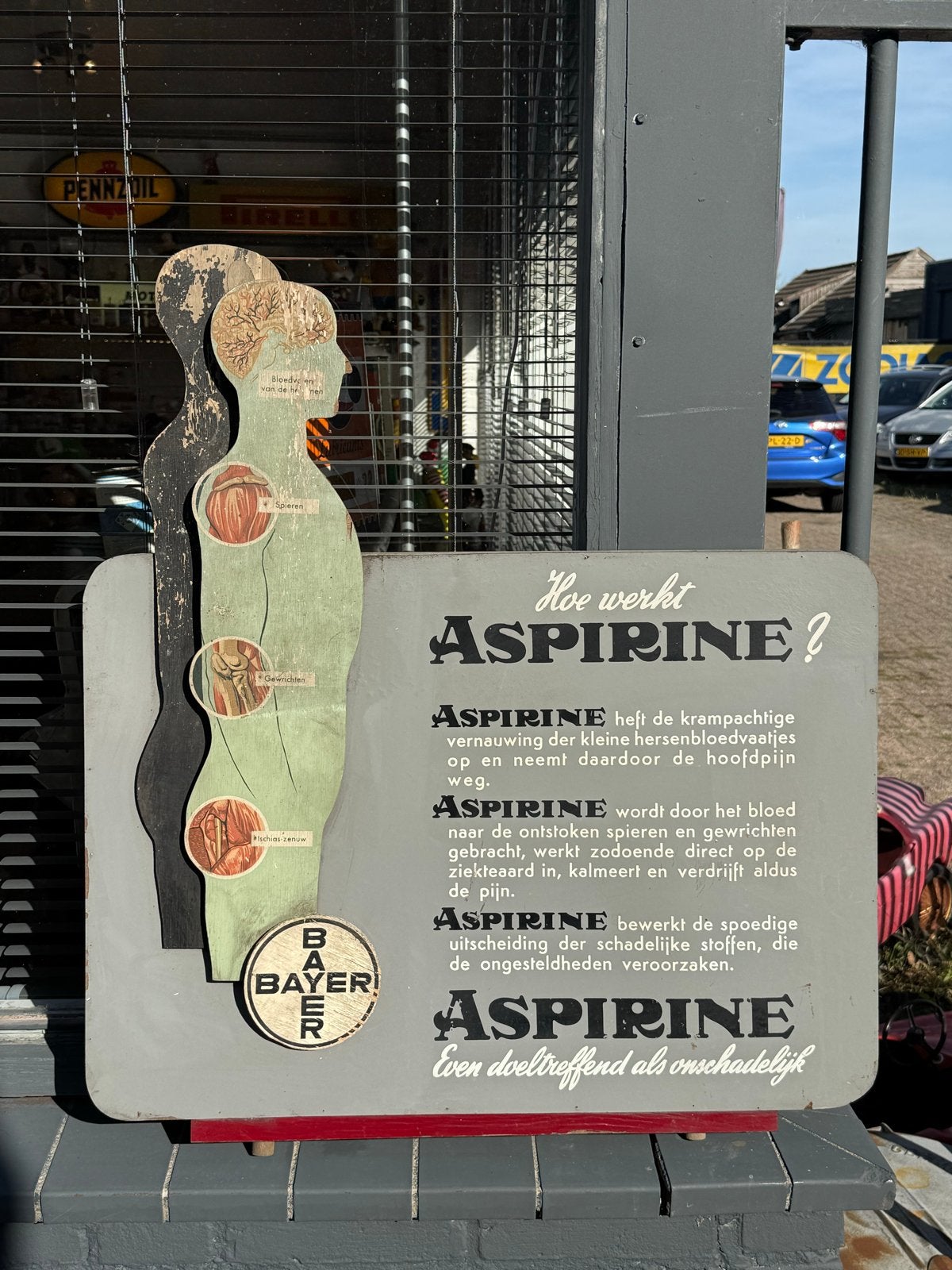 Vintage Bayer Aspirine Reclamebord - Hoe werkt Aspirine?, Ophalen
