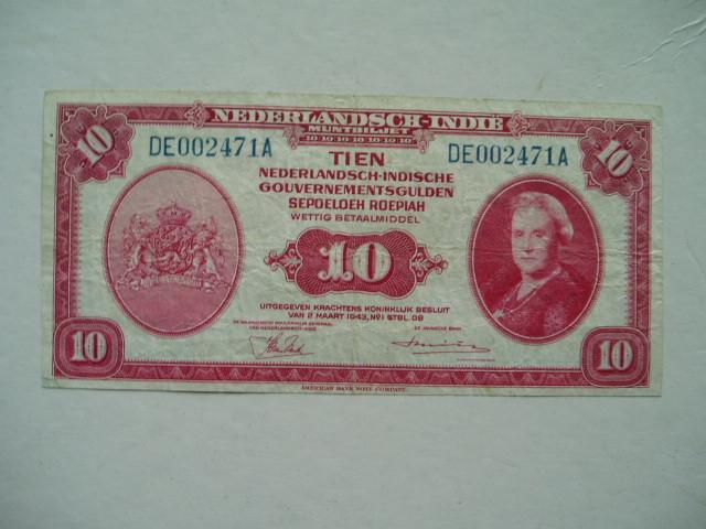 1412. Nederlands Indië, 10 gulden 1943 Koningin Wilhelmina., Verzenden, Zuidoost-Azië, Los biljet