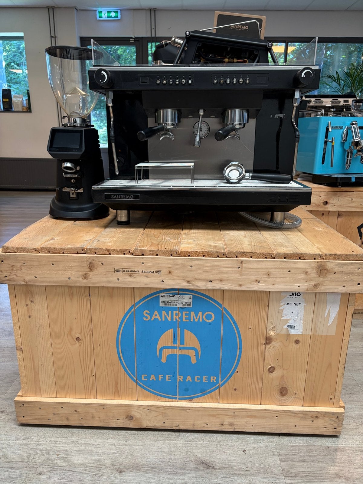 Sanremo Zoe Competiton 2-groeps + Fiorenzato 64, Witgoed en Apparatuur, Koffiezetapparaten, Stoompijpje, Espresso apparaat, Refurbished