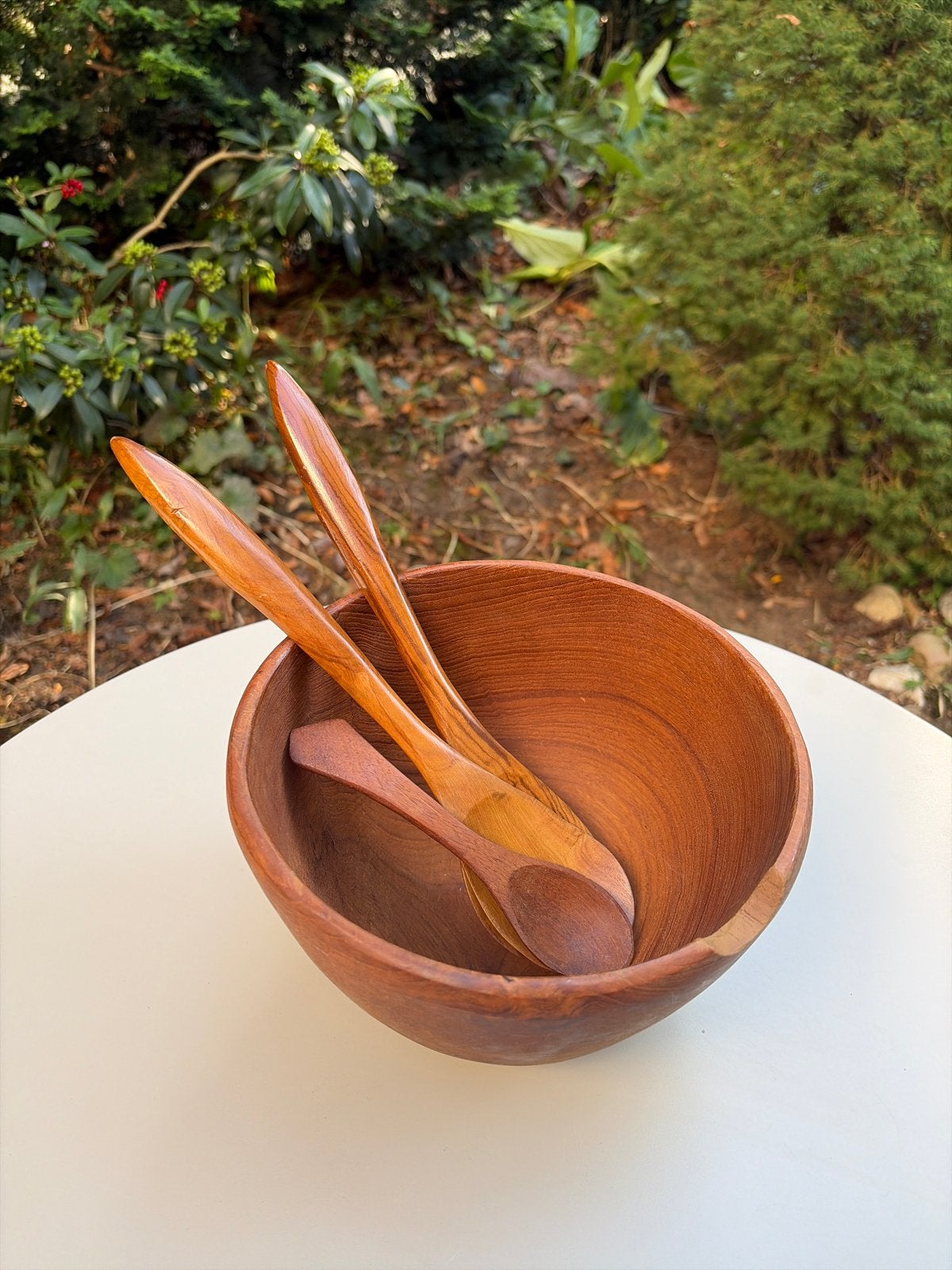 Vintage houten saladekom met bestek, Antiek en Kunst, Antiek | Schalen, Ophalen of Verzenden