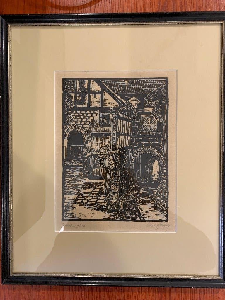 Houtsnede - Wartburghof door Carl.... gesigneerd, Antiek en Kunst, 25 cm, 1950 - 1999, Stadsgezicht, 19 cm
