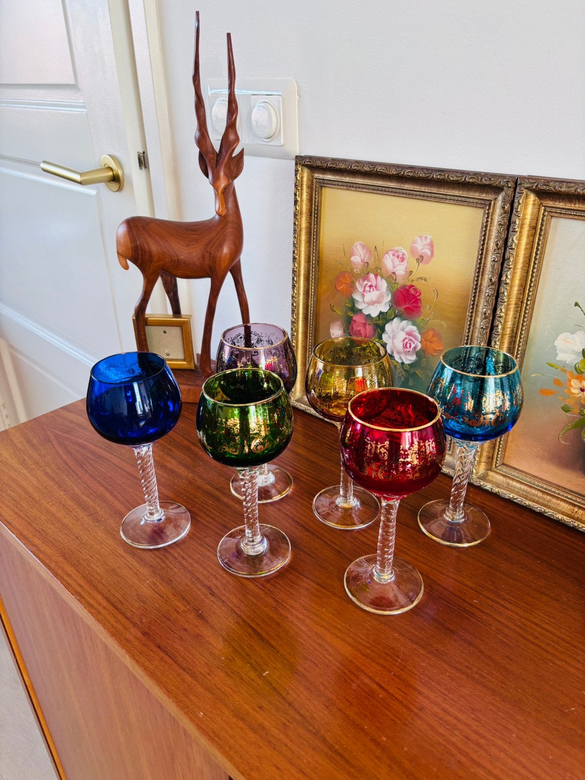 Vintage Bohemian wijnglazen (set van 6) – Hoogte 17 cm, Ophalen of Verzenden, Zo goed als nieuw, Overige typen