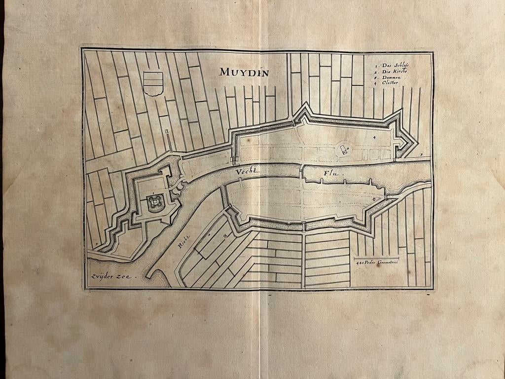 Antieke kaart (vestingkaart) Muiden  C. Merian 1660, Antiek en Kunst, Ophalen of Verzenden