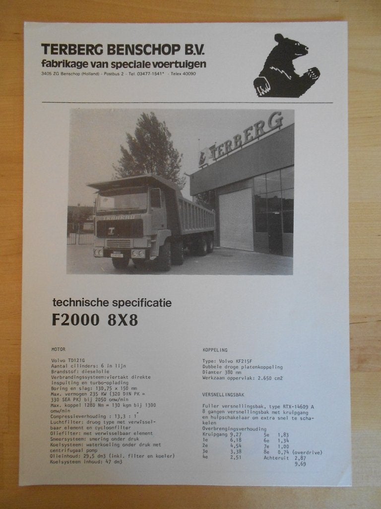 Terberg F2000 8x8 Technische Specificatie Brochure ca 1982, Ophalen of Verzenden, Zo goed als nieuw, Overige merken, Terberg