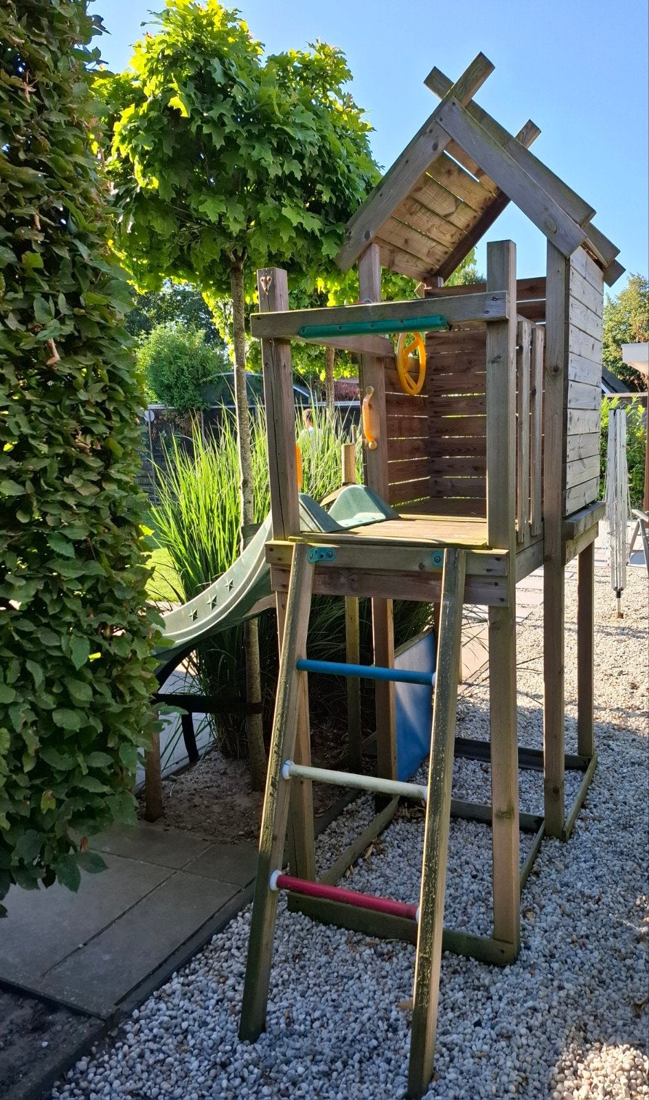 Jungle gym speelhuisje glijbaan winkel stuurtje verrekijker, Ophalen, Zo goed als nieuw, Hout