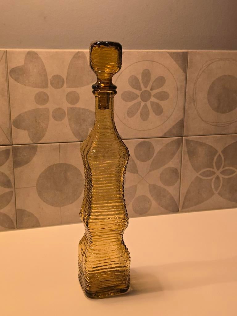 Vintage Mid Century Amber Italian Glass Empoli Genie Bottle, Ophalen of Verzenden