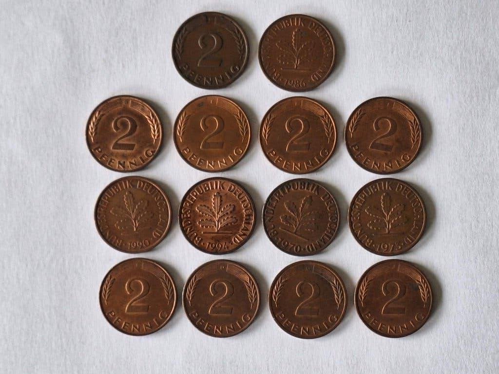 14 munten Duitsland/BRD 2 pfennig 1965-1994, Ophalen of Verzenden, Duitsland, Losse munt