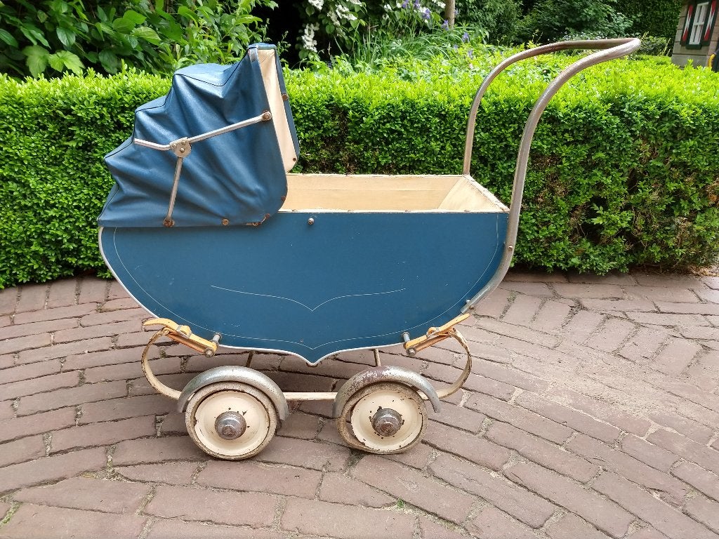 Poppenwagen petrol blauw antiek mooi object voor de verzamel, Ophalen of Verzenden