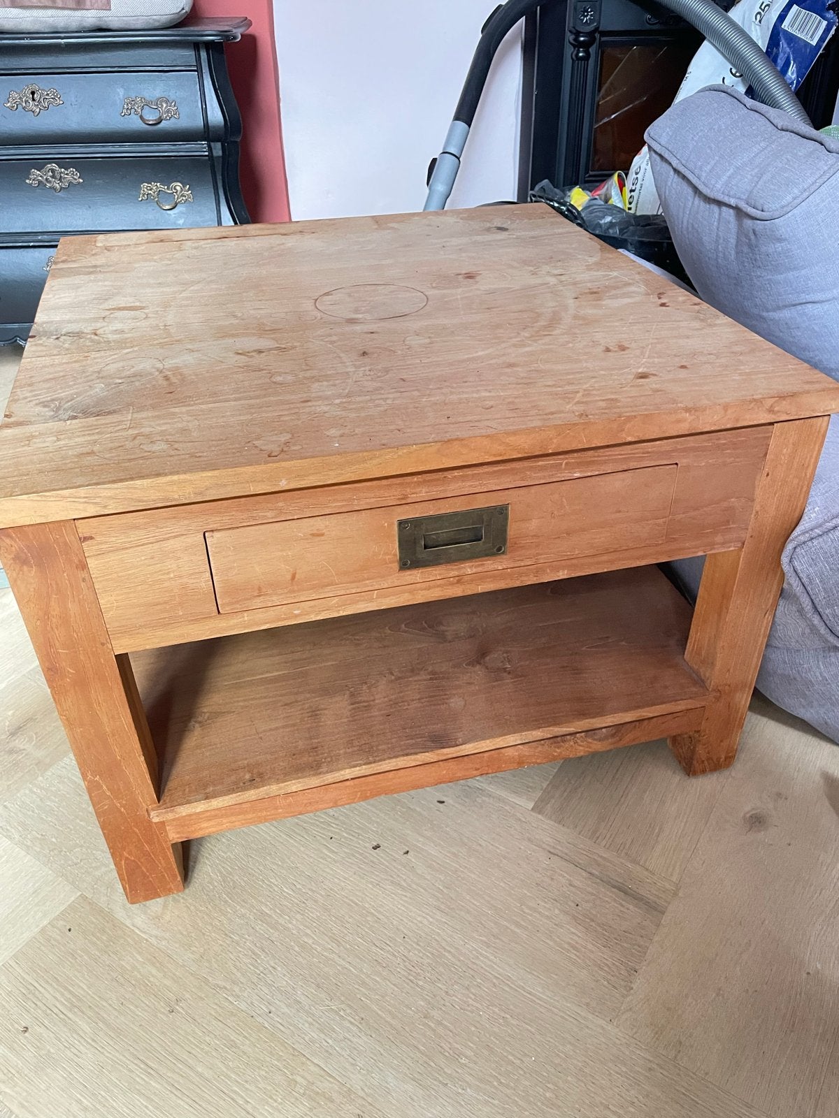 Teak bijzettafel met lade en opbergvak, Ophalen, Gebruikt, Vierkant, Hout